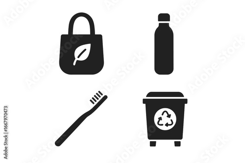 Sustainable living solid icon set. Eco friendly, zero waste lifestyle concept. Reusable bag, water bottle, bamboo toothbrush, recycle bin. Ecology and environment vector.