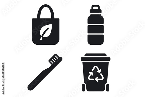 Eco friendly solid icon set for sustainable living. Zero waste lifestyle concept. Reusable bag, water bottle, bamboo toothbrush and recycle bin vector icons. Ecology symbols.