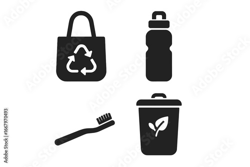 Sustainable living icons set. Eco friendly lifestyle. Zero waste concept. Reusable bag, water bottle, bamboo toothbrush, compost bin. Ecology, recycle & environment vector symbol.