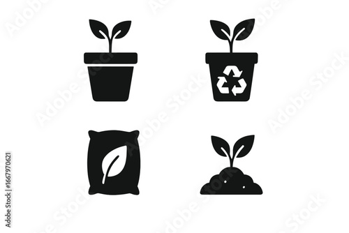 Sustainable planting icon set. Eco-friendly gardening concept with biodegradable pot, recycled container, and organic soil. Vector glyph symbols for ecology and growth.