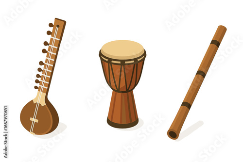 Isometric Flat Icon Set of Traditional Musical Instruments Featuring Indian Sitar, African Djembe Drum, Australian Didgeridoo, Vector Illustration on Transparent Background