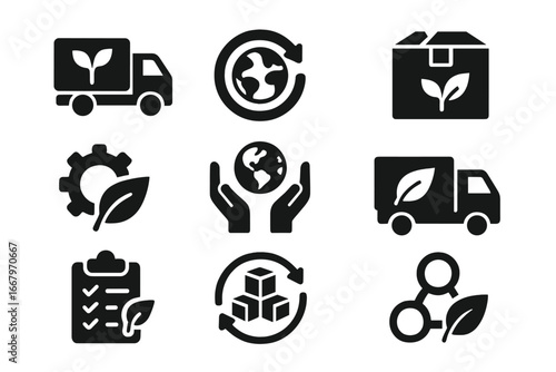 Sustainable supply chain icon set. Green logistics, circular economy, and eco friendly transport symbols. Carbon neutral delivery and ethical production vector pictograms.
