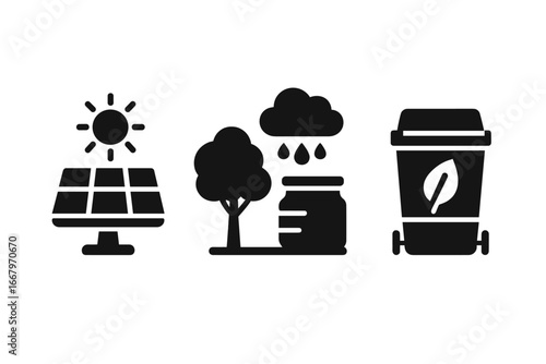 Sustainable park solid icon set. Vector collection of eco friendly elements like solar panel, rainwater harvesting, compost bin. Green energy, ecology, and environment concept.