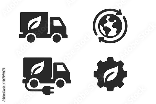 Sustainable supply chain vector icon set. Green logistics, eco transport, and electric truck symbols. Renewable energy, circular economy, and environmental industry concepts.