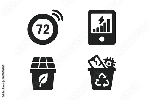 Sustainable technology icon set. Smart home eco friendly solid icons. Energy saving, thermostat, power monitor, solar battery and e-waste recycling vector glyph symbols.