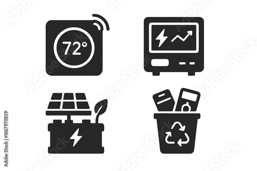 Sustainable technology solid icon set. Smart thermostat, energy monitor, solar battery, e-waste recycling. Green energy, renewable power, eco friendly, smart home conservation.