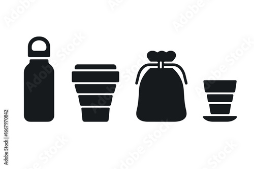Sustainable travel icon set. Eco-friendly, zero waste lifestyle items. Reusable metal water bottle, collapsible cup, fabric pouch. Solid filled vector graphic symbols.
