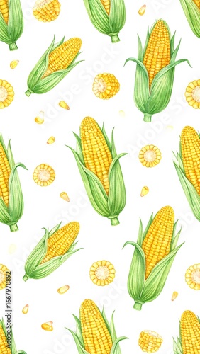 Watercolor corn pattern on white background (3)