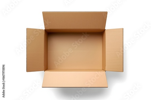 Top view of open empty brown cardboard box on white background.