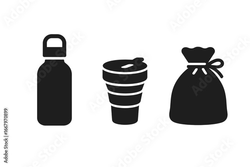 Sustainable travel icon set. Eco friendly, zero waste lifestyle concept. Reusable water bottle, collapsible cup, fabric pouch. Vector glyph for green tourism illustration.