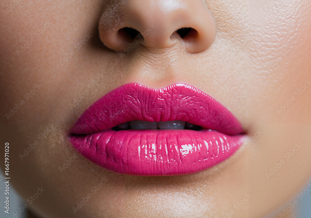 Fototapeta premium Woman's lips with bright pink lipstick in close-up view