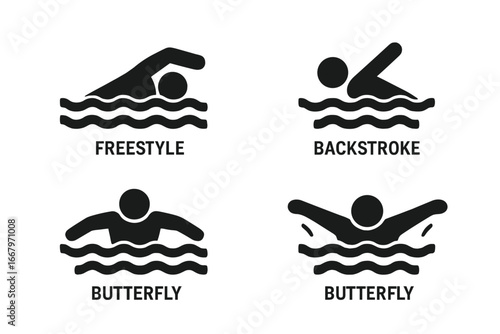 Swimming styles icon set. Competitive swim strokes pictogram collection. Freestyle, backstroke, breaststroke, butterfly. Swimmer athlete in water sport vector illustration.