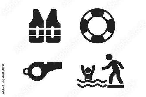 Water safety icons set, solid filled vector illustrations including life jacket, lifebuoy, signal whistle, rescue board, drowning rescue, water emergency safety equipment symbols