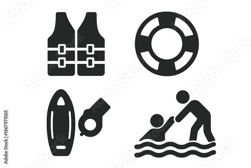 Water Safety and Rescue Icons Set, Solid Filled Vector Illustration of Life Jacket, Lifebuoy, Rescue Board, Signal Whistle, and Rescue Person Helping in Water Safety and Emergency