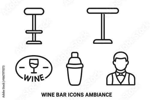 Wine Bar Icon Set with Outline Style Featuring Bar Stool, High Table, Neon Wine Sign, Cocktail Shaker, and Bartender Vector Illustration on Transparent Background