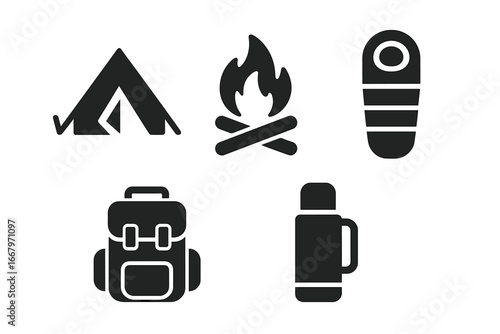 Winter camping icons set with solid filled silhouettes of essential gear including tent, campfire, sleeping bag, backpack, and thermos, vector illustration on transparent background