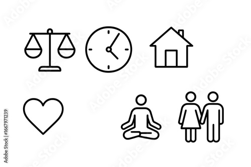 Work-Life Balance Icons Vector Set. Outline Symbols of Work-Life Harmony with Scale, Clock, House, Briefcase, Heart, Yoga, and Family Concepts. Transparent Background.
