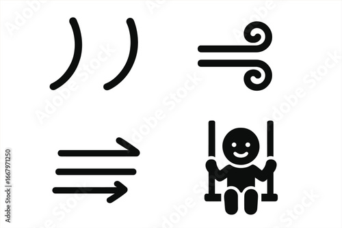 Swing motion icon set. Solid glyph pictograms of movement. Includes swinging arcs, wind gust, air flow arrows, and happy child on a playground swing. Vector collection.