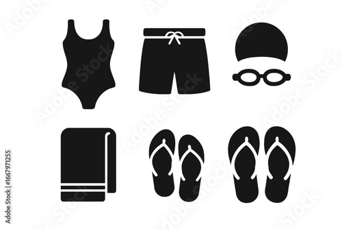 Swimwear and beach accessories vector icon set. Solid glyph style illustrations of swimsuit, swim trunks, swim cap, goggles, towel, and flip flops for summer vacation.