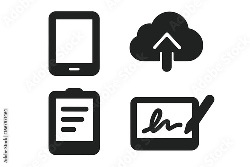 Paperless productivity icons set with solid filled tablet device, cloud upload, electronic note, and e-signature symbols for digital workflow and document management