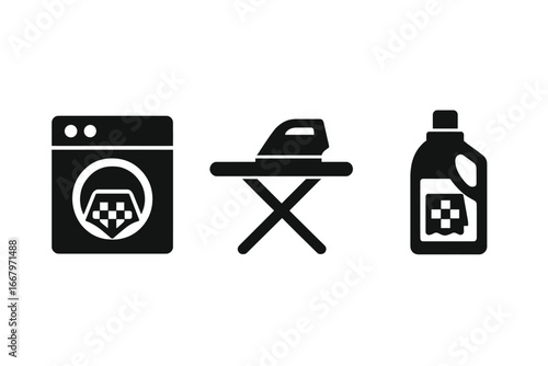 Laundry and tablecloth care solid icon set. Vector symbols for washing machine, ironing board, and detergent. Household chores and textile maintenance graphic elements.