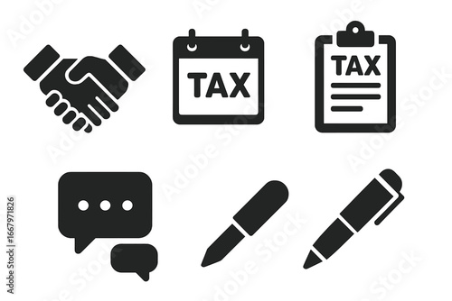 Tax consultation solid icon set. Business and finance vector glyphs. Handshake agreement, tax declaration form, calendar deadline, and financial advisor communication symbols.