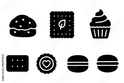 Tea dessert icons set. Solid glyph vector collection of sweet food. Scone, biscuit, cupcake, shortbread, jam tart, and macaron silhouettes. Bakery and pastry symbols.