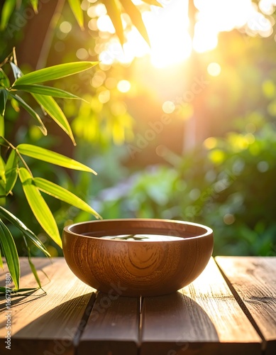 Wooden bowl water garden sunset serenity