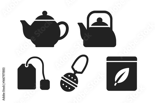 Tea brewing essentials icon set. Vector glyphs of teapot, kettle, tea bag, infuser, loose leaf tin. Solid silhouette design elements for cafe, beverage, kitchen. Drink icons.