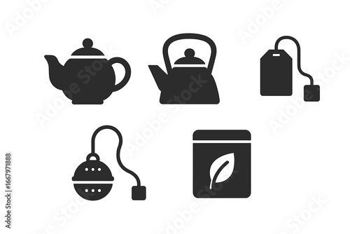 Tea essentials solid icon set. Vector glyph pictograms of tea brewing elements. Teapot, kettle, tea bag, strainer infuser, and loose leaf tea tin for cafe menu or packaging.