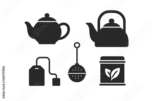 Tea essentials icon set. Solid glyph vector of teapot, kettle, bag, infuser, tin. For concepts like brewing, beverage, cafe, hot drink, kitchenware, morning, teatime.