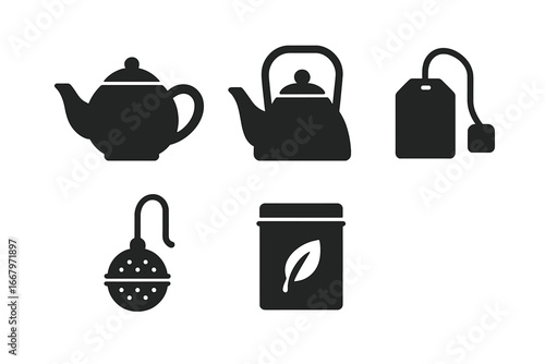 Tea essentials solid icon set. Glyph vector illustration of tea brewing elements: teapot, kettle, tea bag, infuser, loose leaf tin. For kitchen, cafe, beverage concepts.