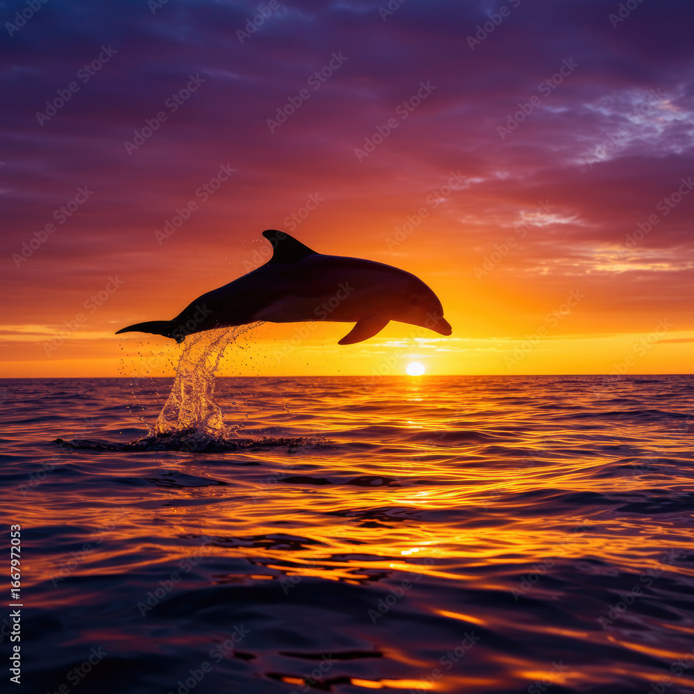 Fototapeta premium dolphin jumping into the sunset