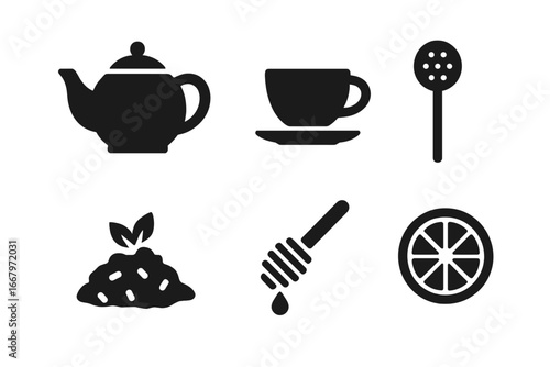 Tea time solid glyph icon set. Simple black silhouette collection of tea making essentials: teapot, cup, strainer, loose leaf tea, honey dipper, and lemon slice vector.