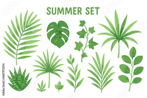 Watercolor botanical illustration of palm leaves and a variety of green tropical plants including monstera, ivy, palm, dracaena, haworthia, and ficus in summer set collection