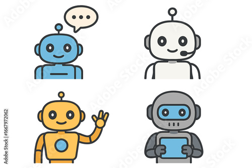 Robot icon set for user interaction. Chatbot, AI assistant, and customer service bot collection. Vector cartoon illustration for concepts of automation and technology support.