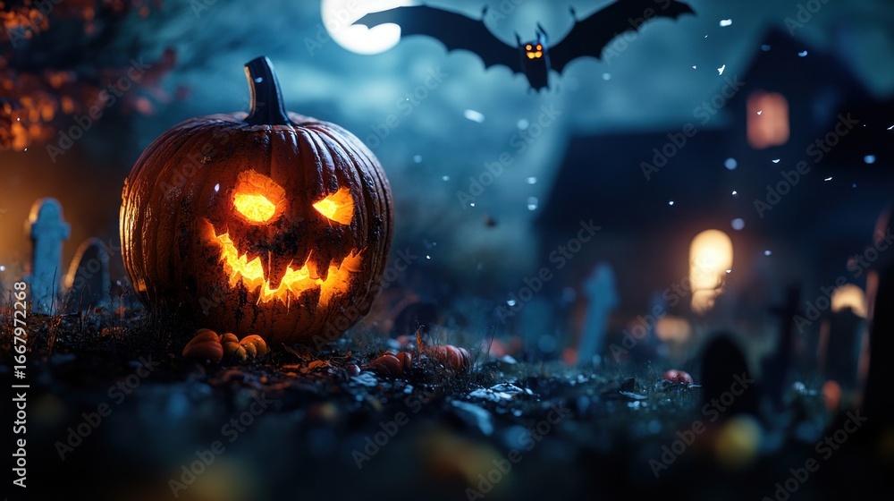 Fototapeta premium Spooky halloween night with glowing pumpkin and bat silhouette against the moonlit sky