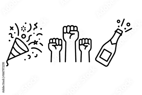 Victory and celebration icon set. Line art of success, achievement, and winning. Raised fist, party popper with confetti, and champagne bottle. Outline vector illustration.