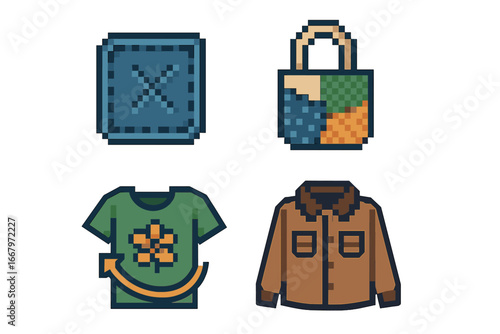 Pixel art icon set of upcycled clothing. Sustainable fashion concept with denim patch, fabric scrap bag, repurposed shirt, and vintage jacket. Second hand vector graphic.