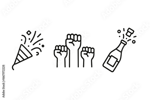 Victory and celebration outline icon set. Raised fists for success, triumph, and power. Party with confetti popper and champagne bottle. Achievement and winning vector concept.