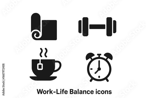 Work life balance icon set. Solid glyph icons of a yoga mat, dumbbell, tea cup, and alarm clock. Health, wellness, fitness, and time management concept vector illustration.