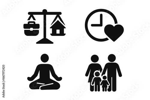 Work-life balance icon set. Vector glyphs for harmony, career and family life. Concepts of mental health, time management, stress relief, and choosing between job and home.