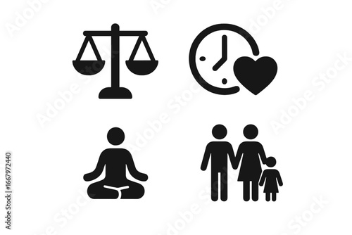 Work life balance icon set. Harmony concept with scales, family, yoga and time management symbols. Vector illustration for mental health, wellbeing and stress management.