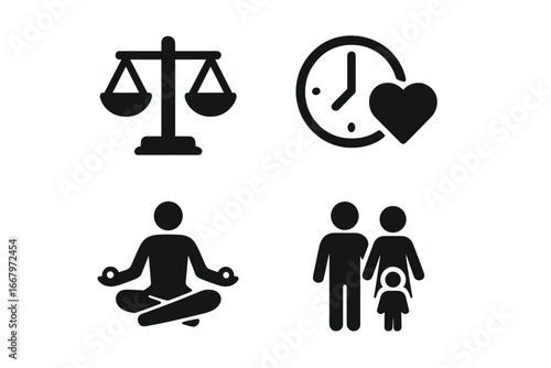 Work life balance icon set. Solid glyph icons for harmony & wellbeing. Vector symbols of scales, time management, love, yoga meditation, and family. Mental health pictogram concept.