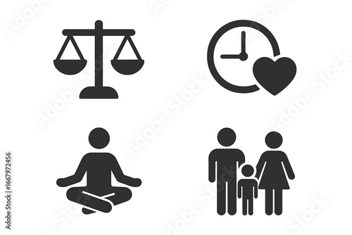 Work-life balance and harmony solid icon set. Vector icons for lifestyle, career choice, time management, family, and health. Mental health and wellbeing concept illustration.