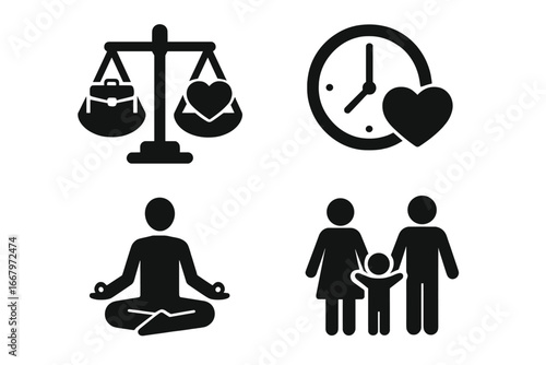 Work-life balance solid glyph icon set. Vector icons for harmony, mental health, time management, career and personal life. Scales, family, meditation and clock symbols.