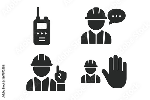 Worker communication icon set. Construction safety and coordination symbols. Vector icons of walkie-talkie, hand signals, builder talking. Industrial teamwork and instruction signs.