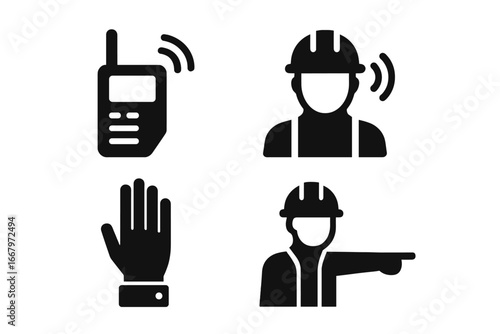 Worker communication icon set. Construction site coordination signs. Industrial safety symbols for builders. Walkie-talkie, hand signals, foreman commands vector glyphs.