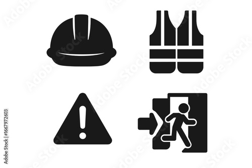 Workplace safety solid icon set. Vector graphic collection of construction site symbols. Hard hat, safety vest, warning triangle sign, and emergency fire exit pictogram.