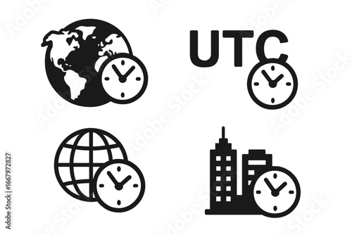 World clock solid glyph icon set. Time zone and global clocks concept. Vector collection with world map, globe with time, city skyline, and UTC symbol for international business.